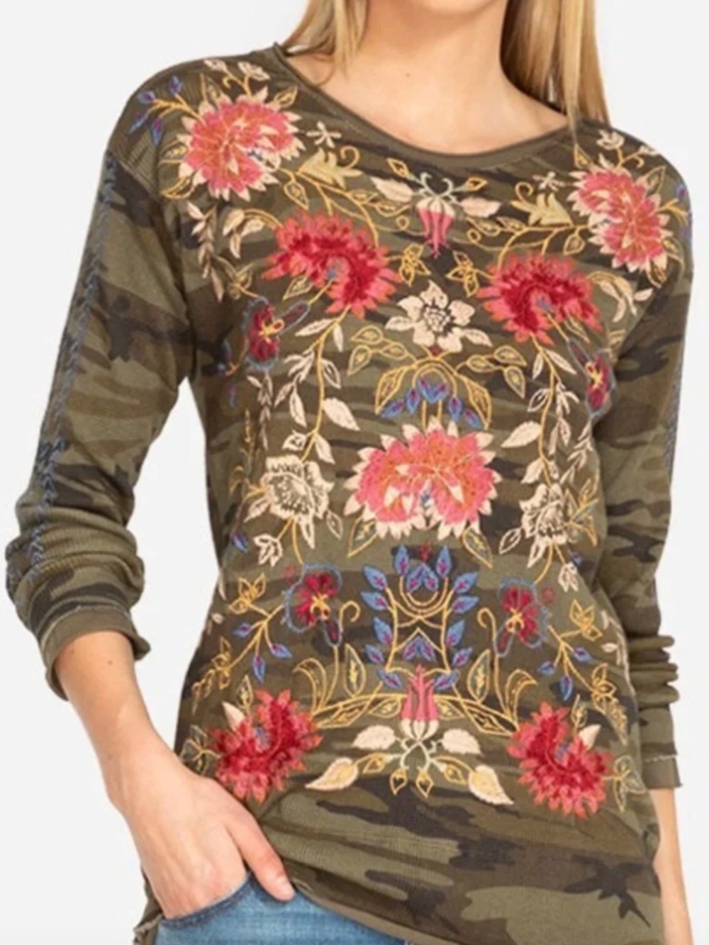 Johnny Was Simona Embroidered Thermal Top Womens M Molly Camo Waffle Knit Boho